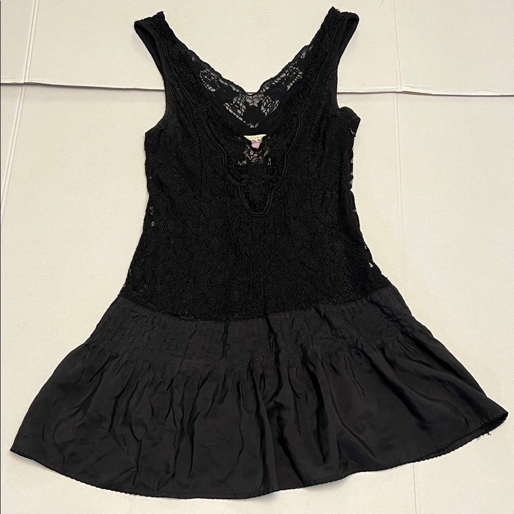 Y2K FREE PEOPLE VINTAGE LACE SILK WHIMSIGOTH BOHO FLOWY MINI DRESS BLACK SIZE 2